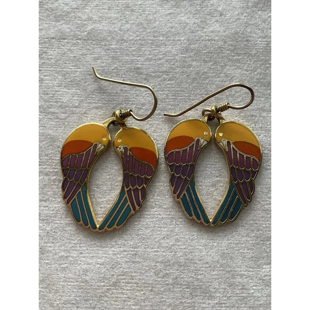 vintage Laurel Burch Signed Dangle earrings Enamel Love Bird Estate Jewelry - Picture 5 of 7